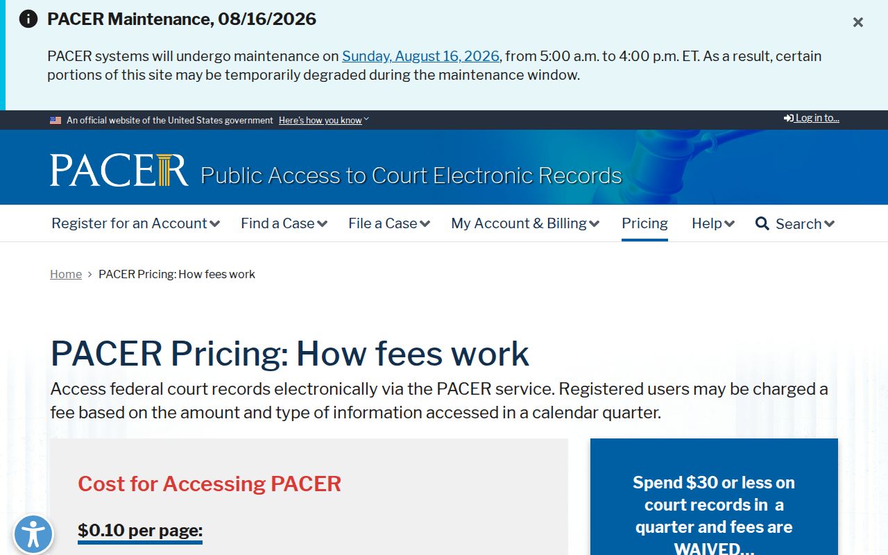 Pindall court docket federal PACER pricing information