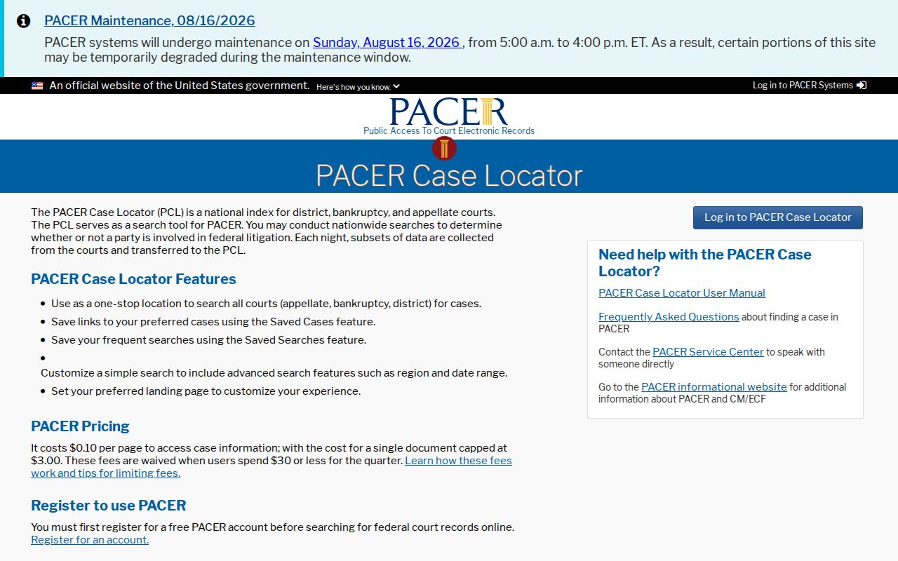 PACER Case Locator for federal cases separate from Western Grove court records