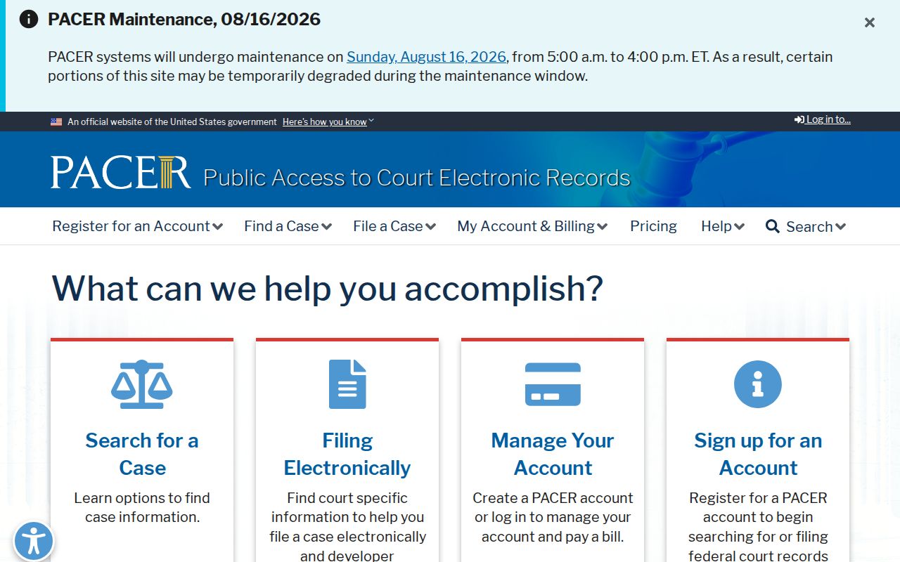PACER gateway for federal cases outside the Western Grove court docket